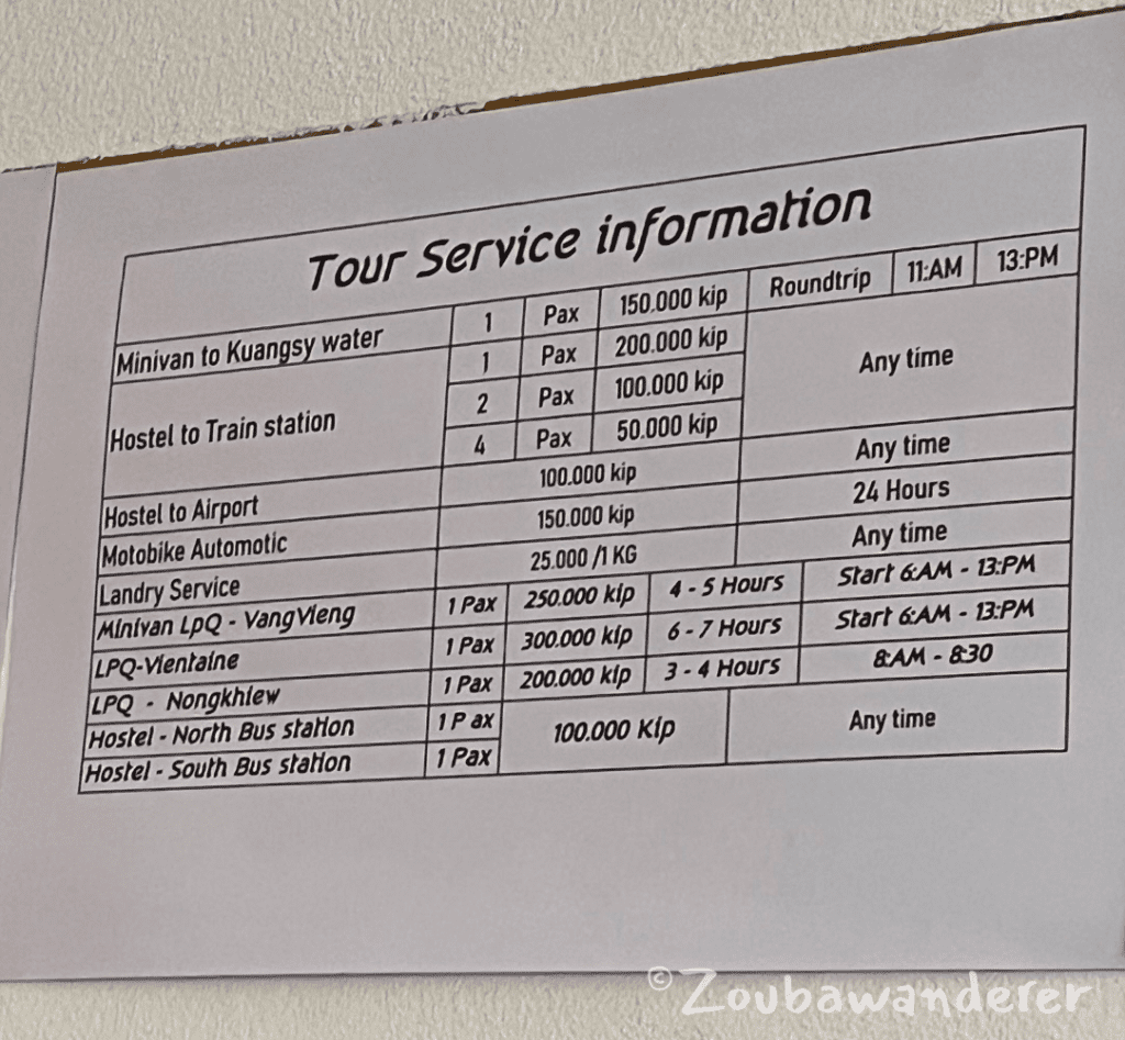 Indicative tour and transport prices from Luang Prabang