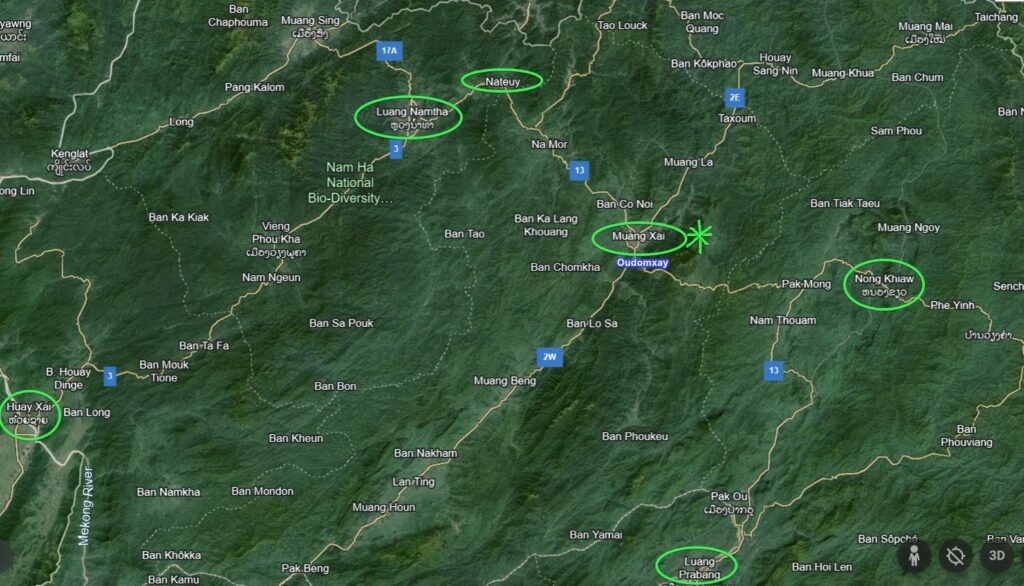 Map of northern Laos, Google Maps