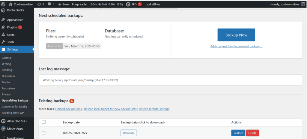 UpdraftPlus Backups' interface